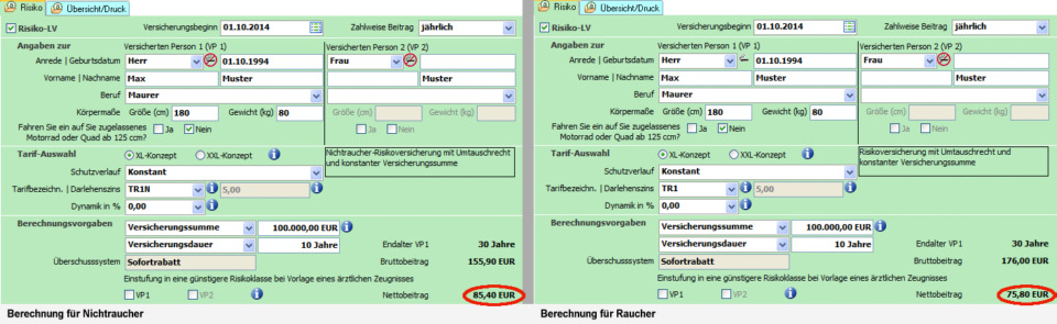 Auszug einer Beispielrechnung für Raucher und Nichtraucher